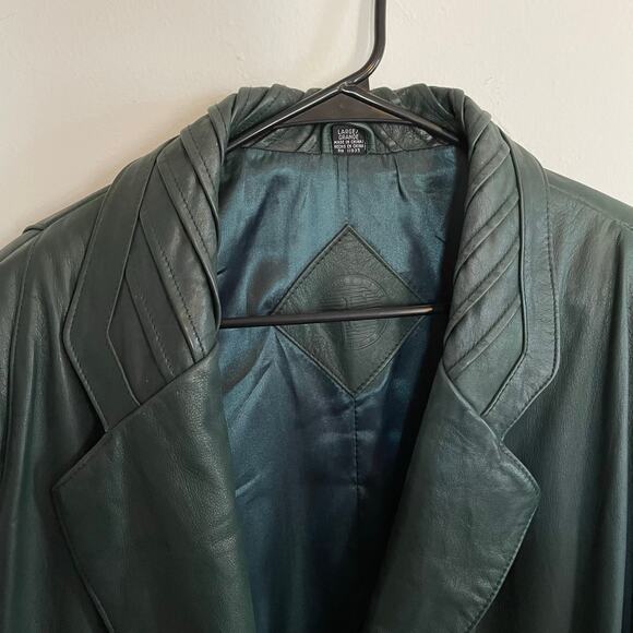VTG Green 100% Leather Trench Coat Jacqueline Ferrar Forest Green SZ LARGE EUC - Picture 11 of 12